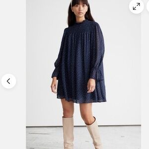 & Other Stories Navy Blue Smocked Heart Print Coquette Babydoll Mini Dress 6